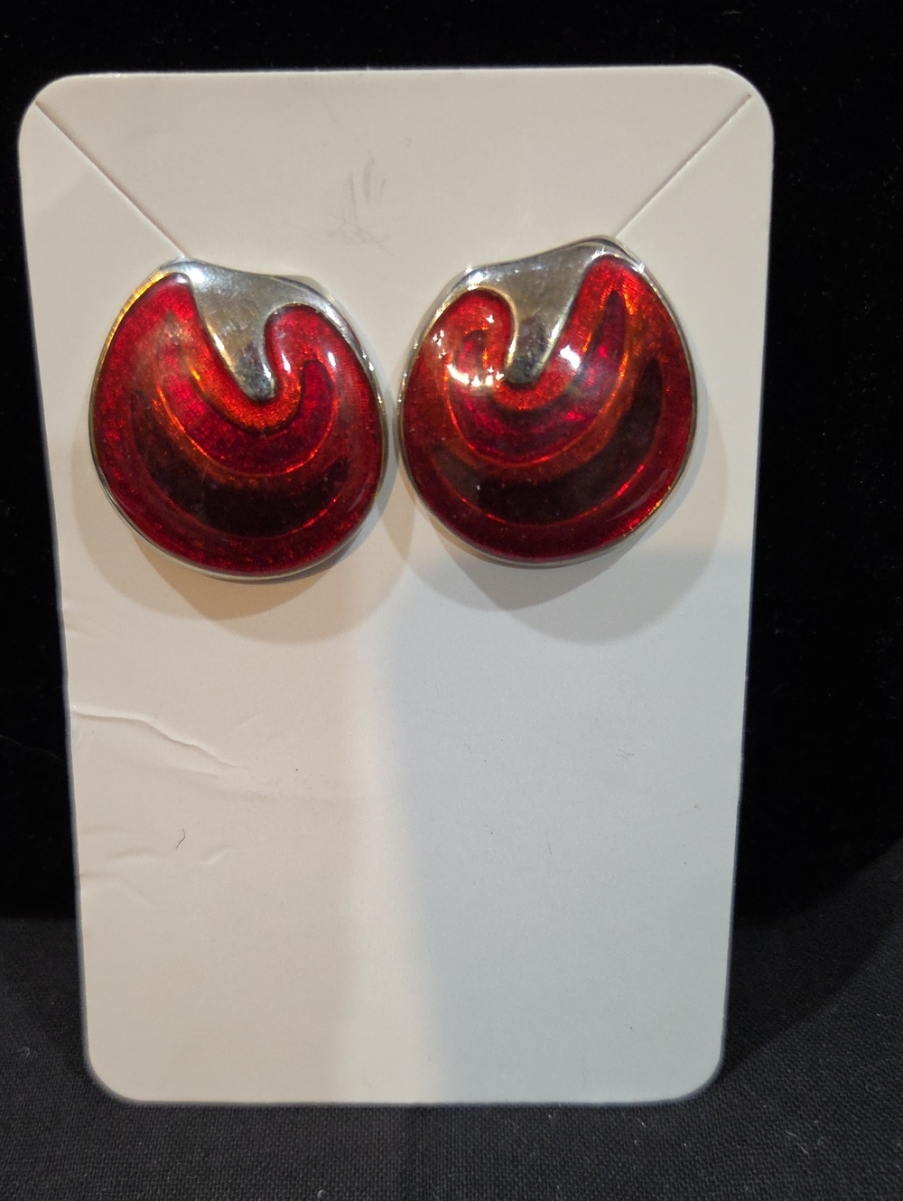VINTAGE RED ENAMEL SWIRL AND SILVER-TONE EARRINGS